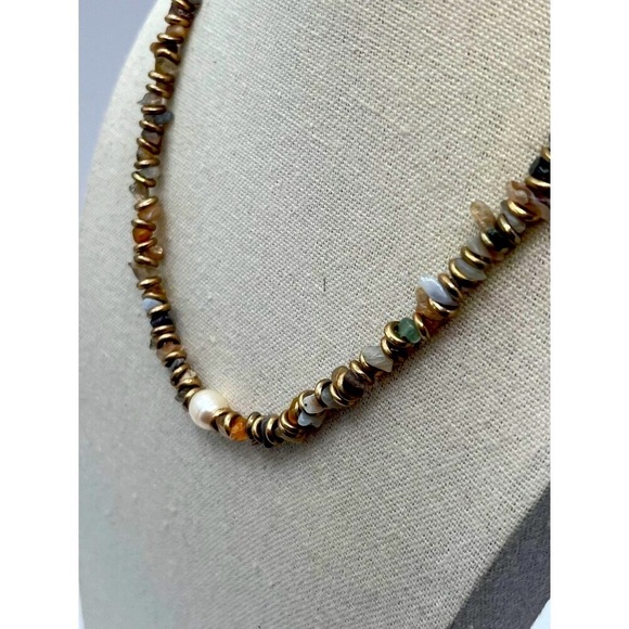 Bohemian Agate Chip & Faux Pearl Necklace With Brass Accents.  A88 - Picture 3 of 11